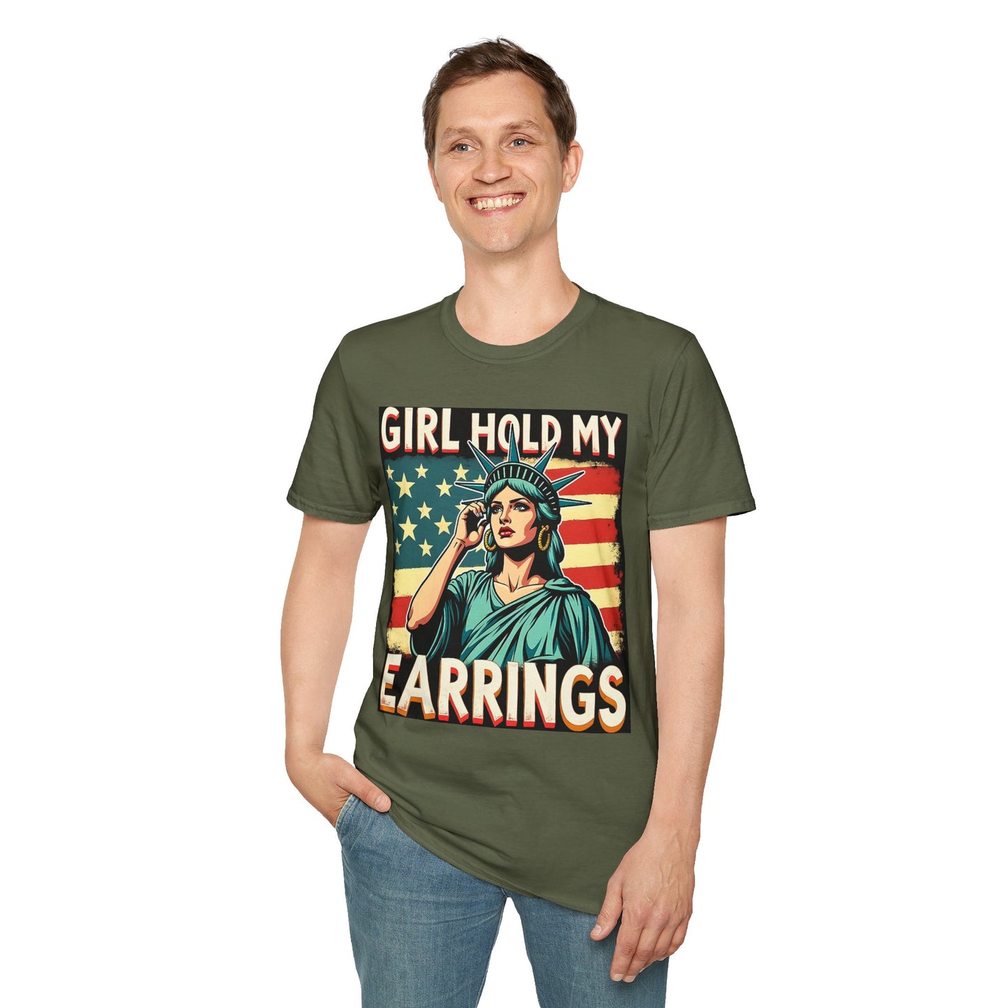 Patriotic Graphic Tee - "Girl Hold My Earrings" Unisex Softstyle T-Shirt, Independence Day, Gifts for Her, Fun Statement Shirt, [...]
