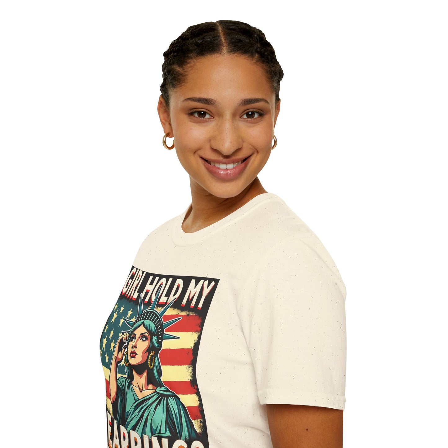 Patriotic Graphic Tee - "Girl Hold My Earrings" Unisex Softstyle T-Shirt, Independence Day, Gifts for Her, Fun Statement Shirt, [...]