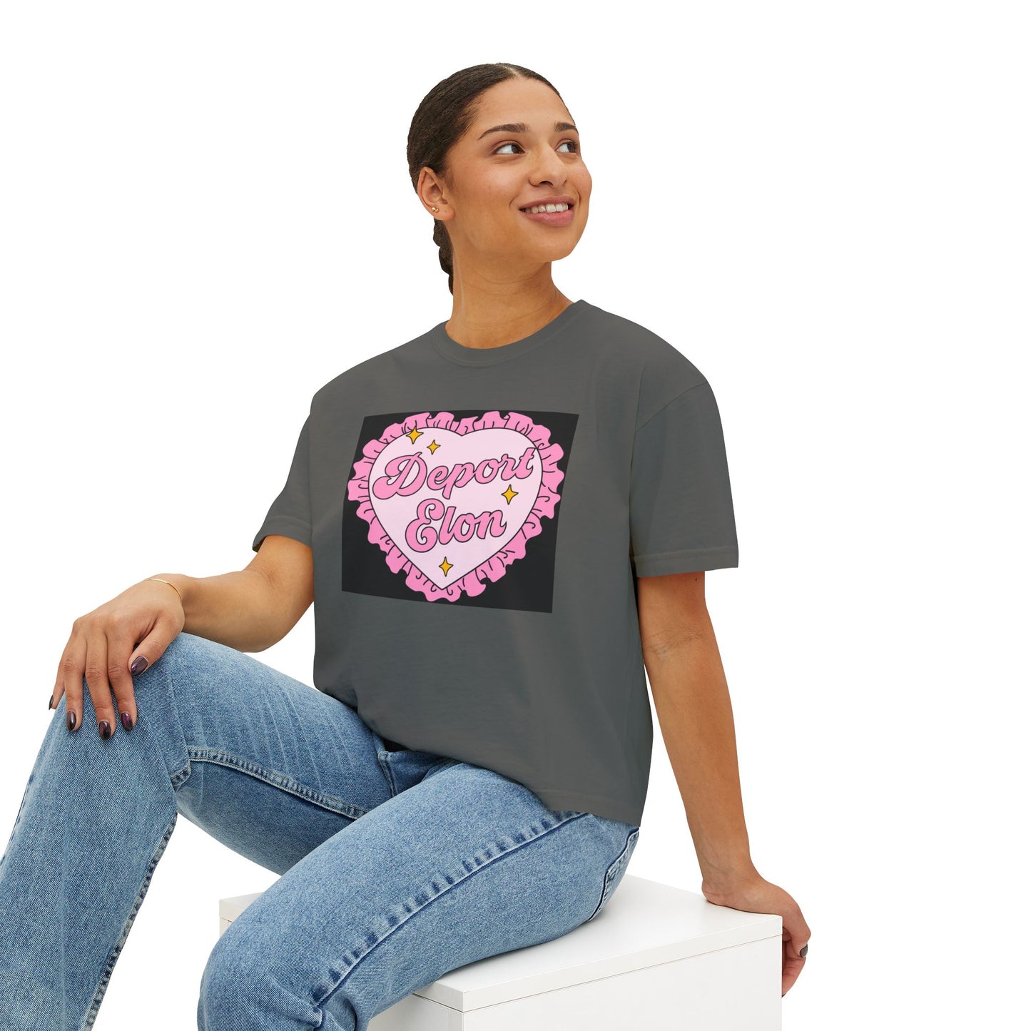 Depor-Elon Women's Boxy Tee, Trendy Graphic Tee, Statement T-Shirt, Casual Fashion Top, Irreverent Gift Idea, Summer Style Top