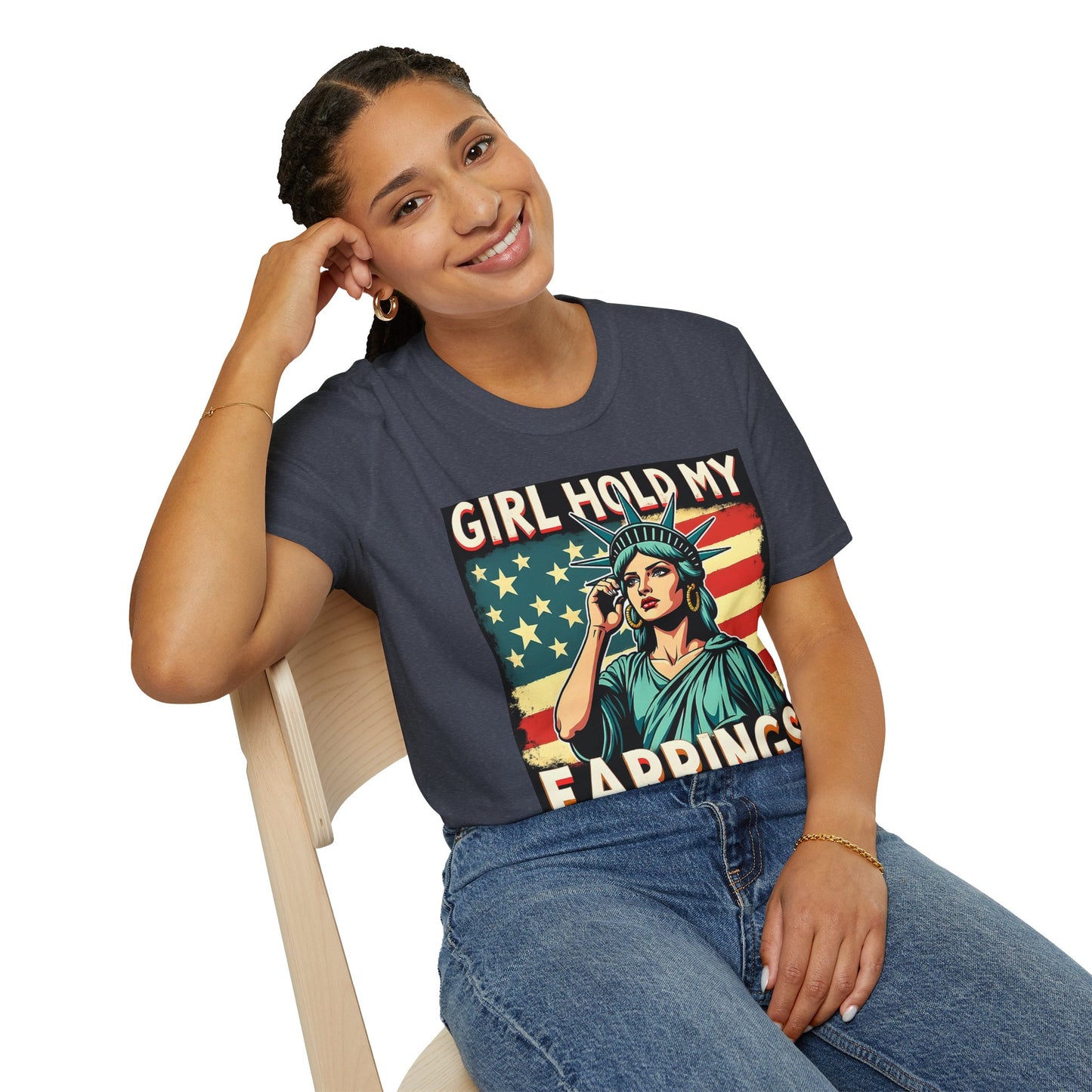 Patriotic Graphic Tee - "Girl Hold My Earrings" Unisex Softstyle T-Shirt, Independence Day, Gifts for Her, Fun Statement Shirt, [...]
