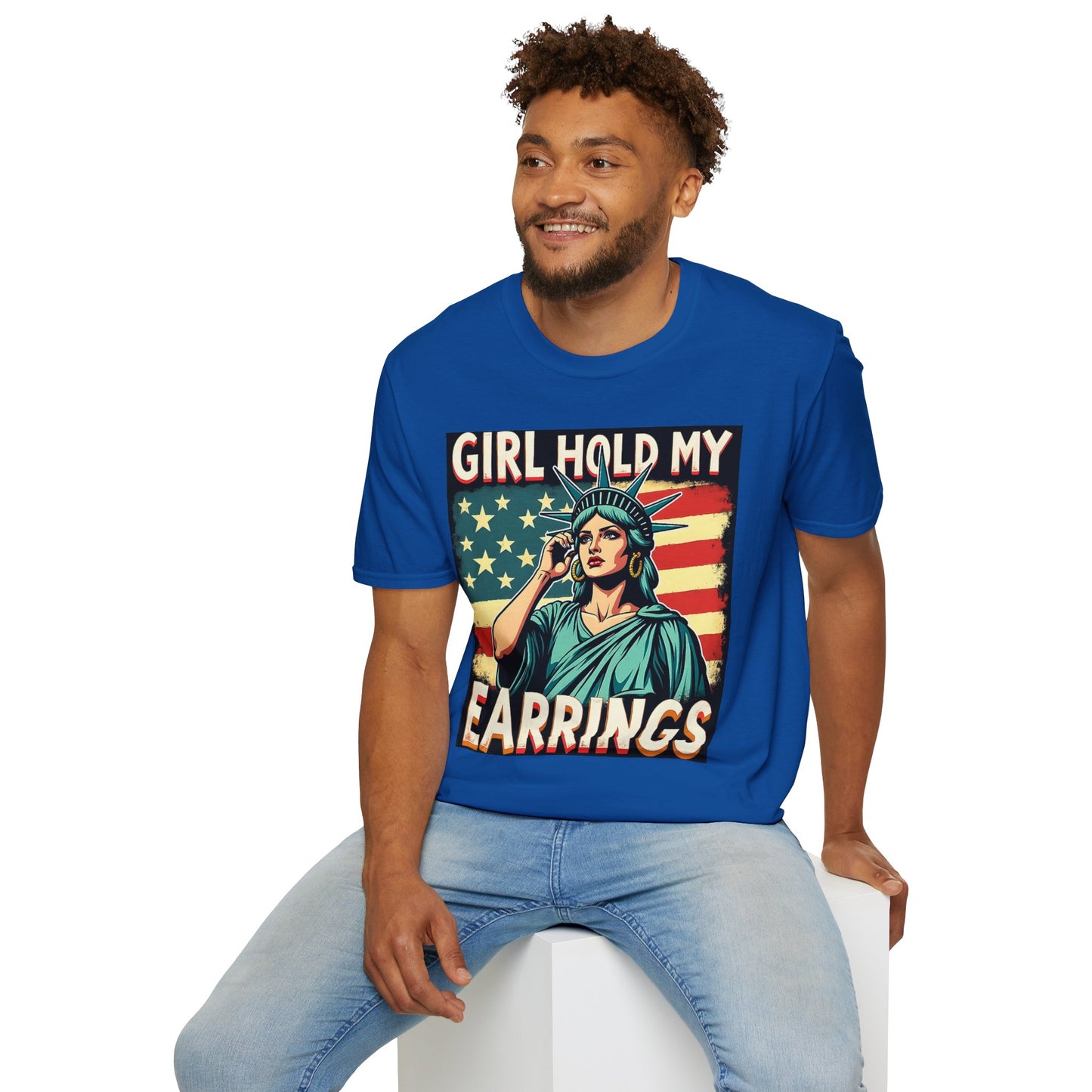 Patriotic Graphic Tee - "Girl Hold My Earrings" Unisex Softstyle T-Shirt, Independence Day, Gifts for Her, Fun Statement Shirt, [...]