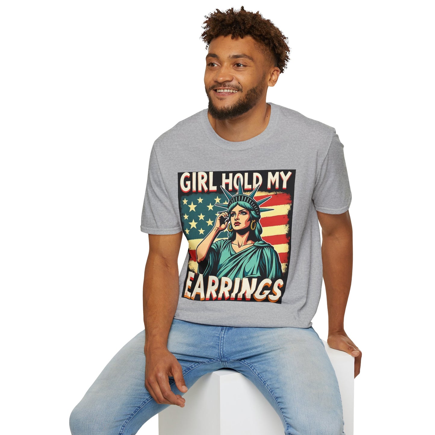 Patriotic Graphic Tee - "Girl Hold My Earrings" Unisex Softstyle T-Shirt, Independence Day, Gifts for Her, Fun Statement Shirt, [...]