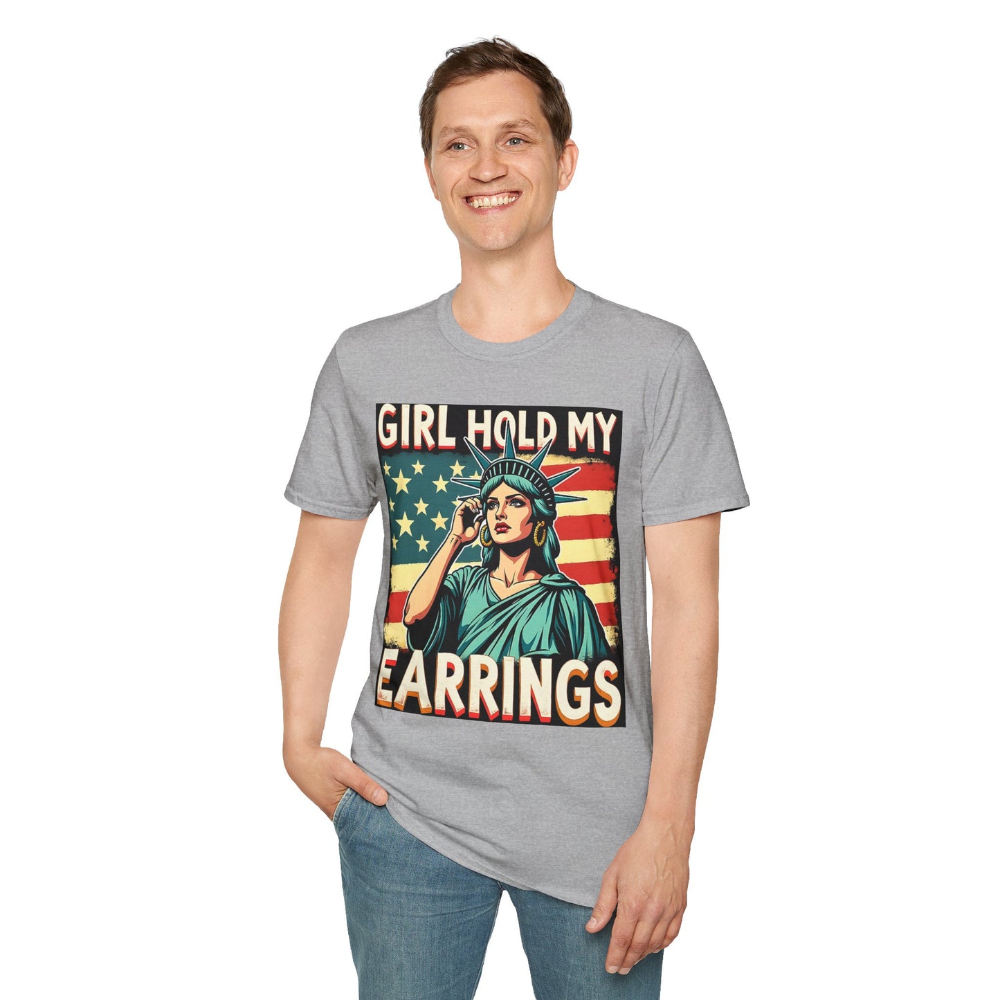 Patriotic Graphic Tee - "Girl Hold My Earrings" Unisex Softstyle T-Shirt, Independence Day, Gifts for Her, Fun Statement Shirt, [...]