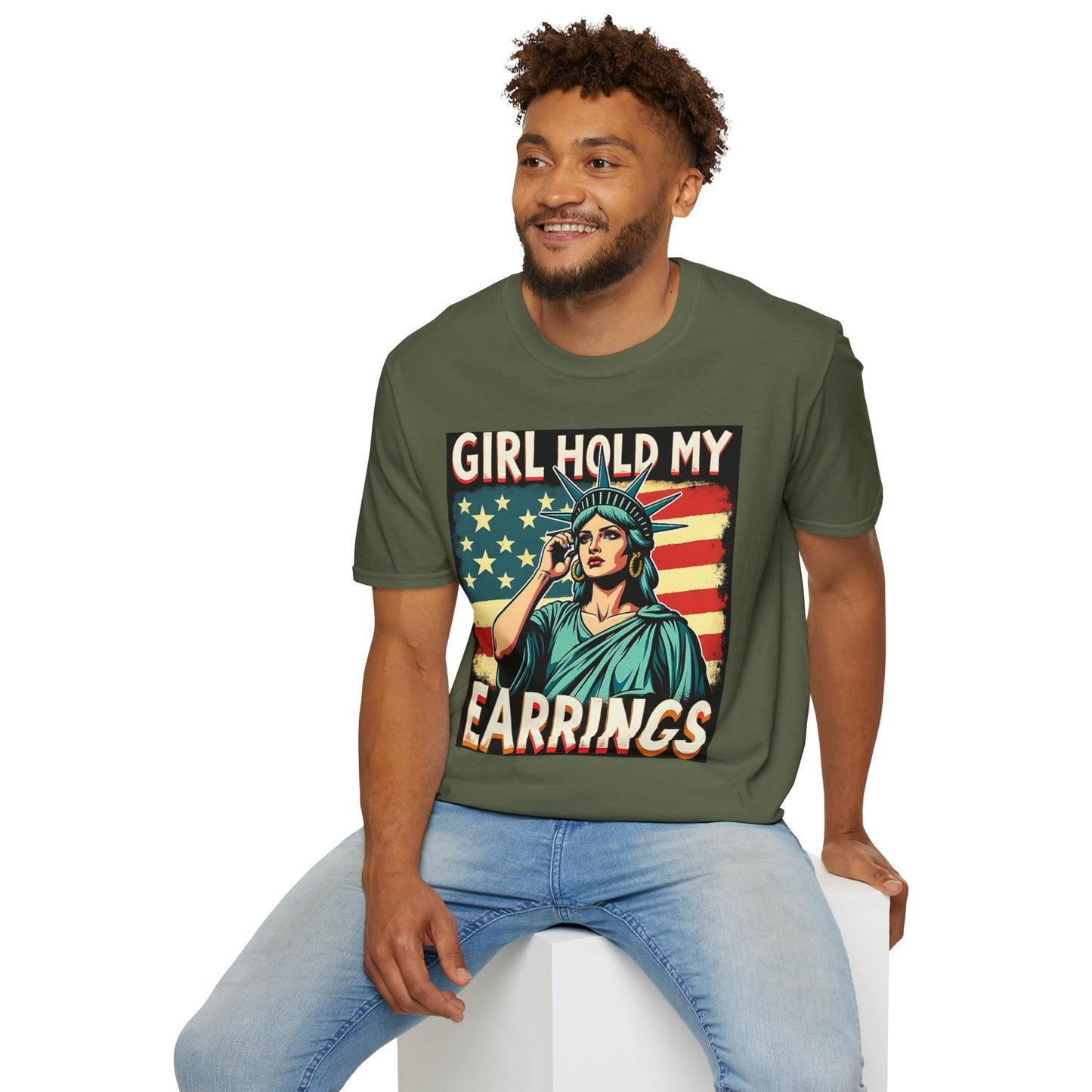 Patriotic Graphic Tee - "Girl Hold My Earrings" Unisex Softstyle T-Shirt, Independence Day, Gifts for Her, Fun Statement Shirt, [...]