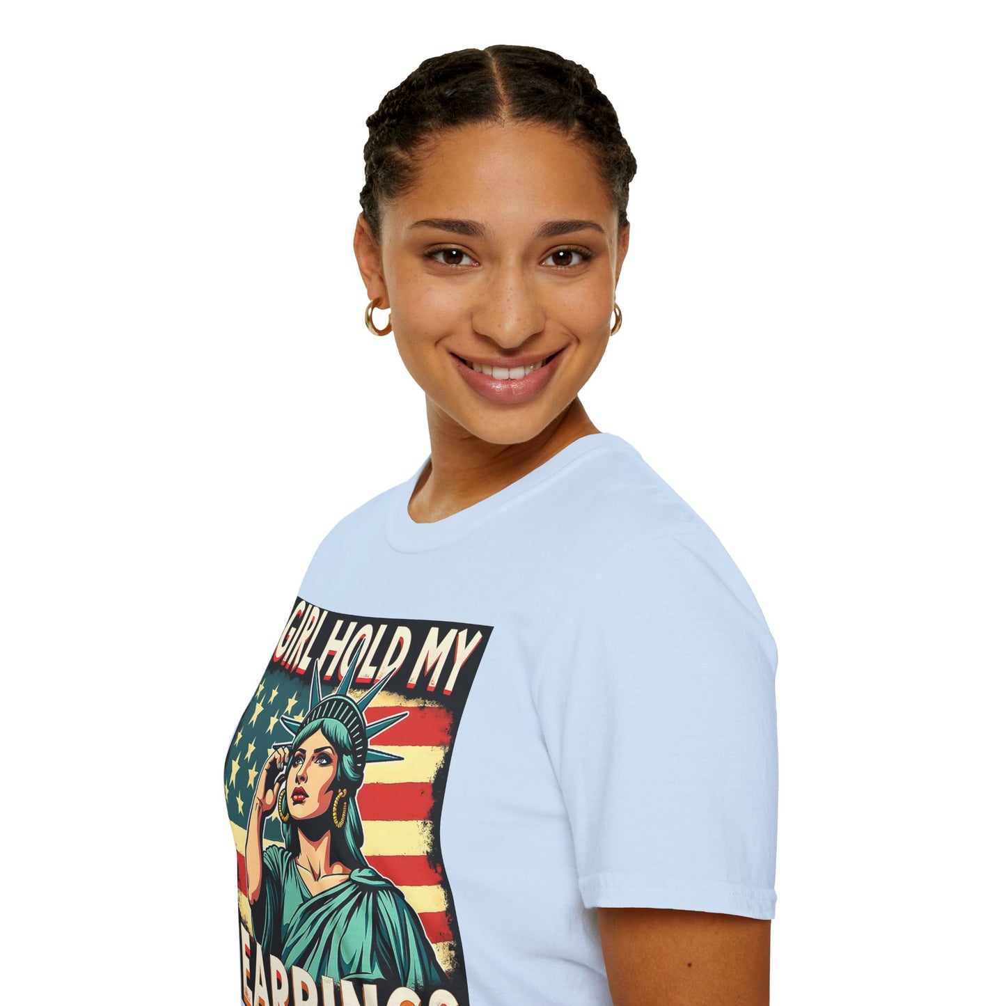Patriotic Graphic Tee - "Girl Hold My Earrings" Unisex Softstyle T-Shirt, Independence Day, Gifts for Her, Fun Statement Shirt, [...]