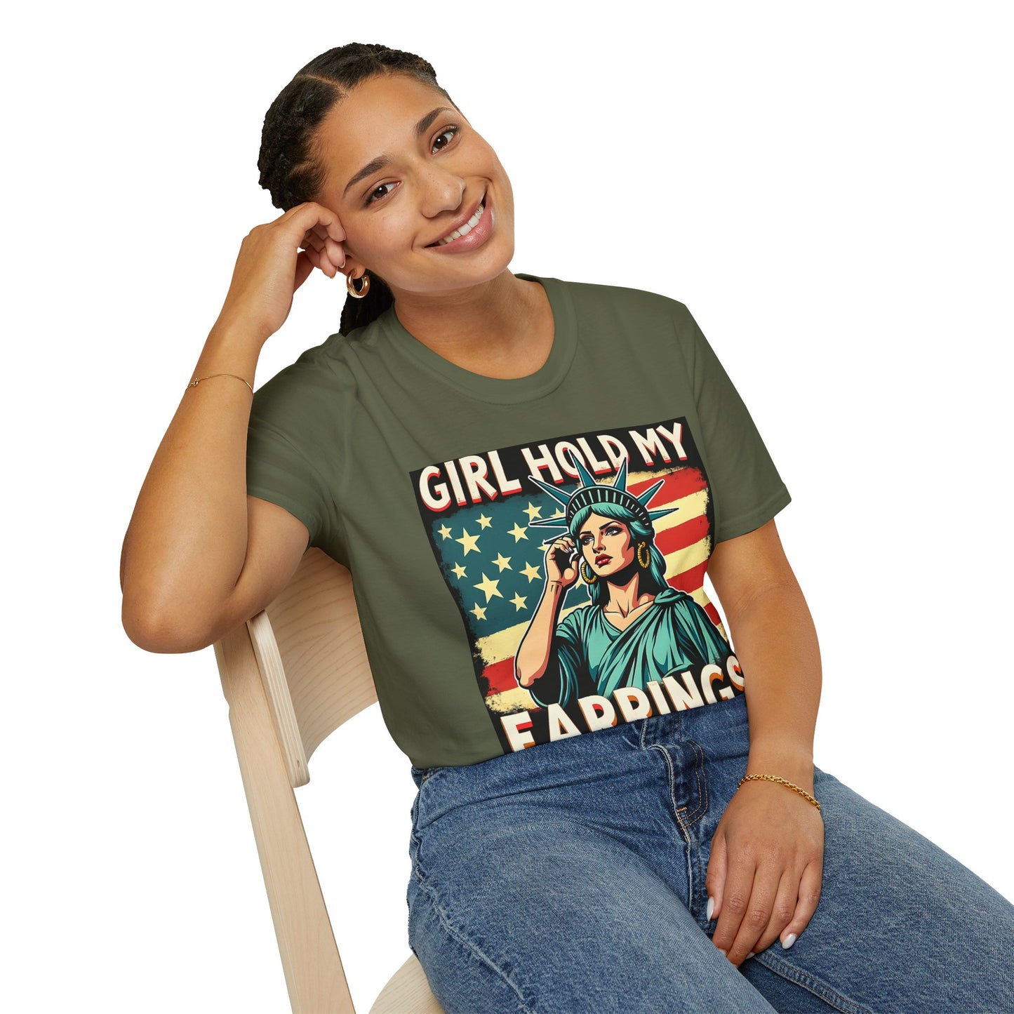 Patriotic Graphic Tee - "Girl Hold My Earrings" Unisex Softstyle T-Shirt, Independence Day, Gifts for Her, Fun Statement Shirt, [...]