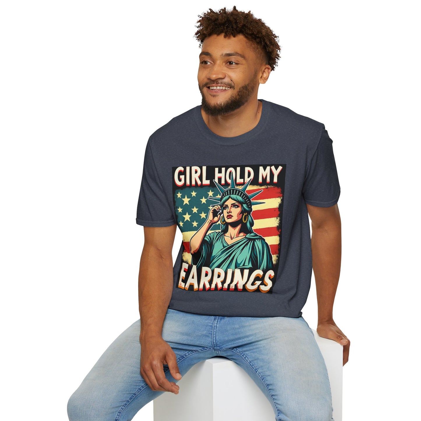 Patriotic Graphic Tee - "Girl Hold My Earrings" Unisex Softstyle T-Shirt, Independence Day, Gifts for Her, Fun Statement Shirt, [...]