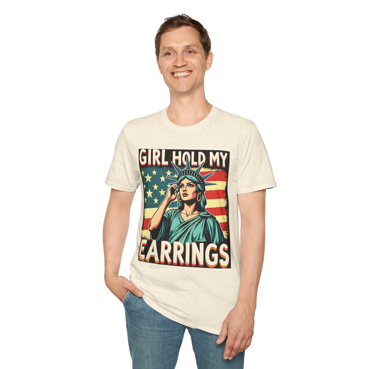Patriotic Graphic Tee - "Girl Hold My Earrings" Unisex Softstyle T-Shirt, Independence Day, Gifts for Her, Fun Statement Shirt, [...]