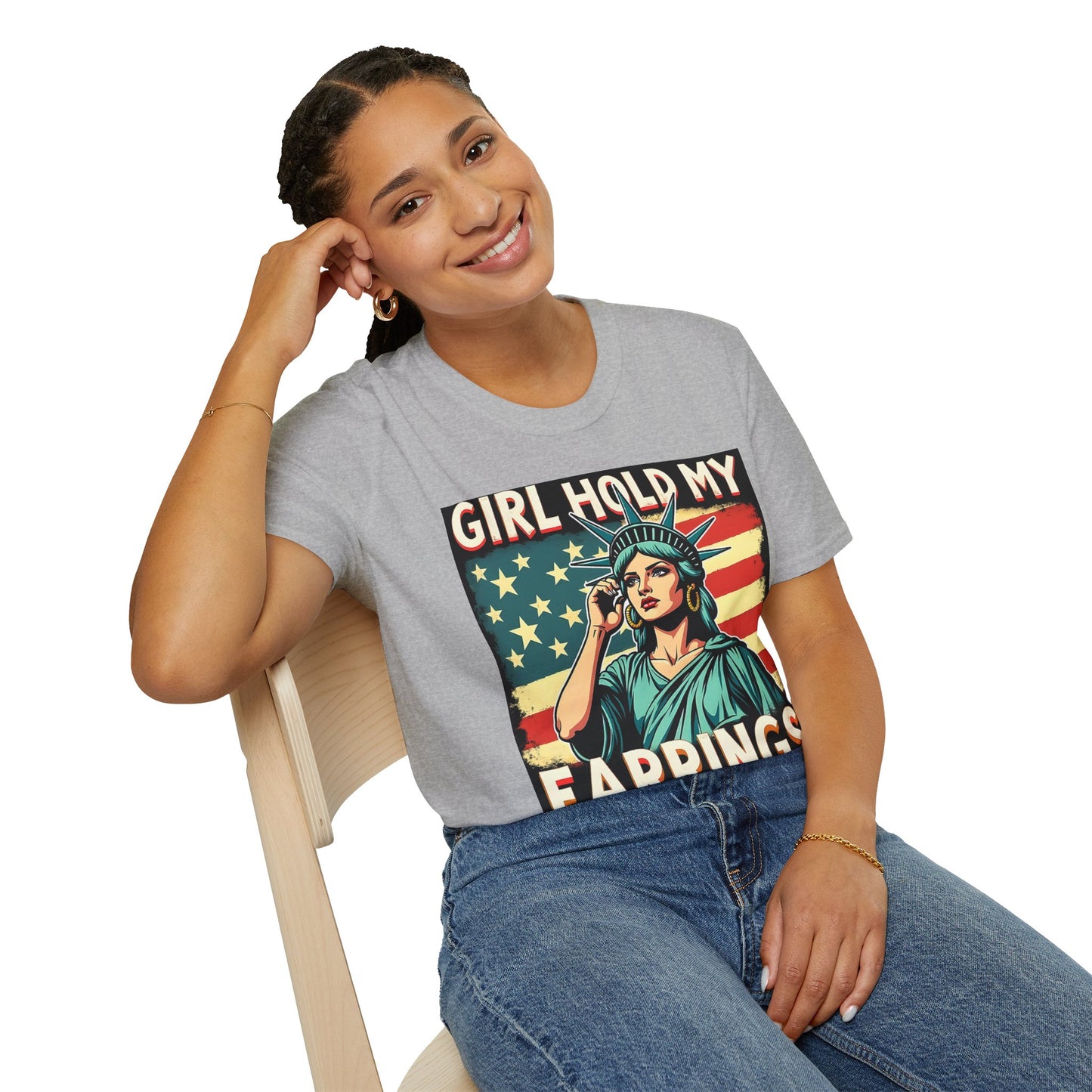 Patriotic Graphic Tee - "Girl Hold My Earrings" Unisex Softstyle T-Shirt, Independence Day, Gifts for Her, Fun Statement Shirt, [...]