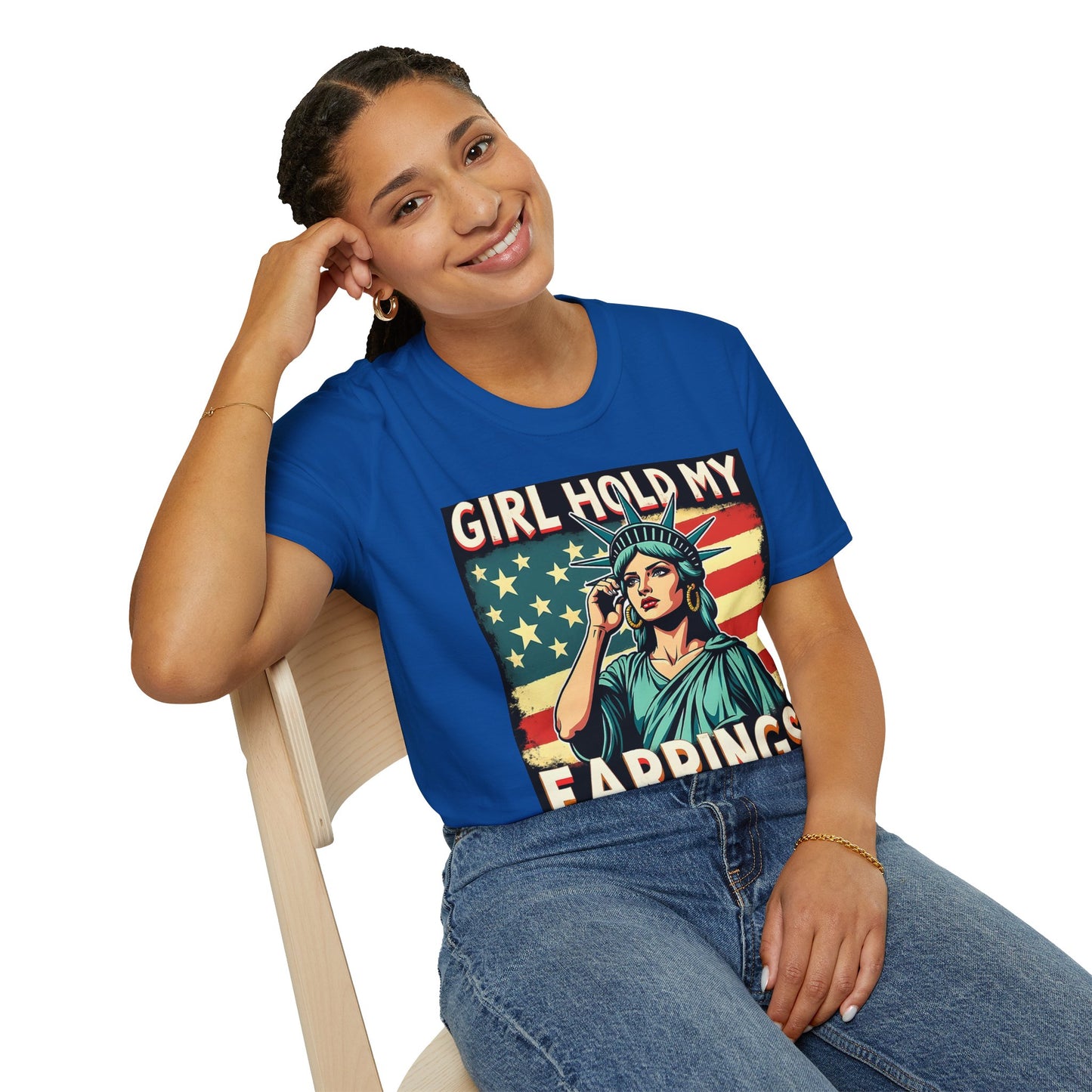 Patriotic Graphic Tee - "Girl Hold My Earrings" Unisex Softstyle T-Shirt, Independence Day, Gifts for Her, Fun Statement Shirt, [...]