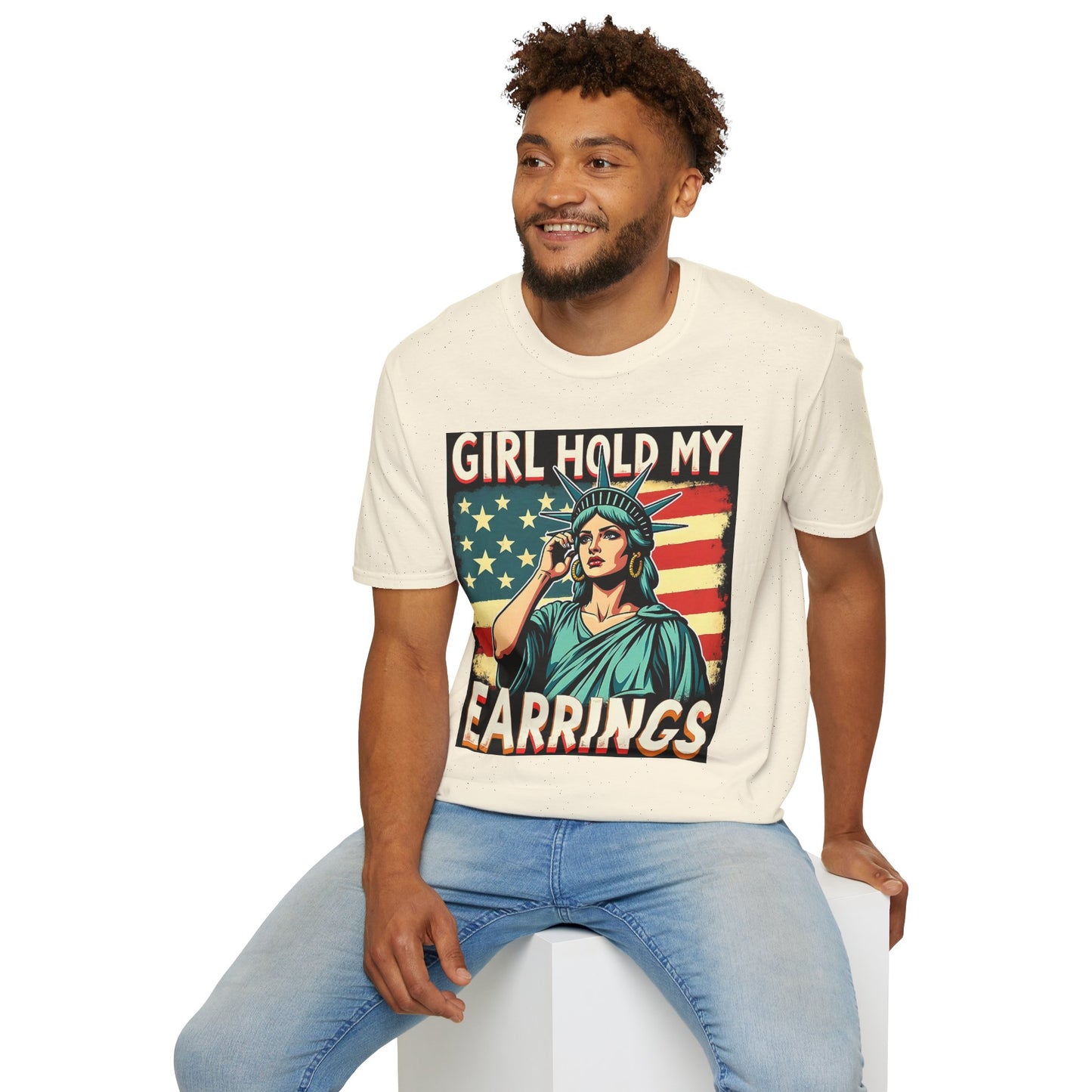 Patriotic Graphic Tee - "Girl Hold My Earrings" Unisex Softstyle T-Shirt, Independence Day, Gifts for Her, Fun Statement Shirt, [...]