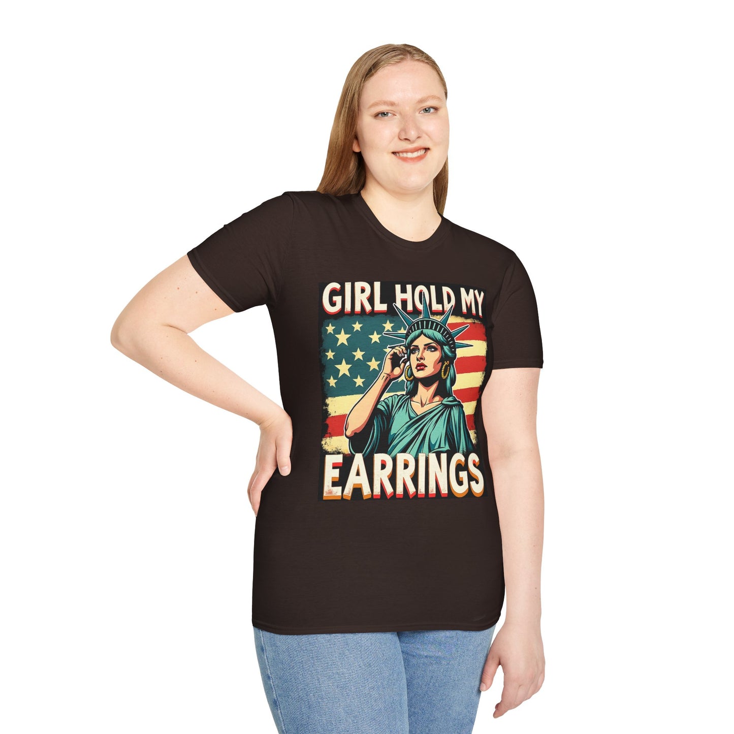 Patriotic Graphic Tee - "Girl Hold My Earrings" Unisex Softstyle T-Shirt, Independence Day, Gifts for Her, Fun Statement Shirt, [...]