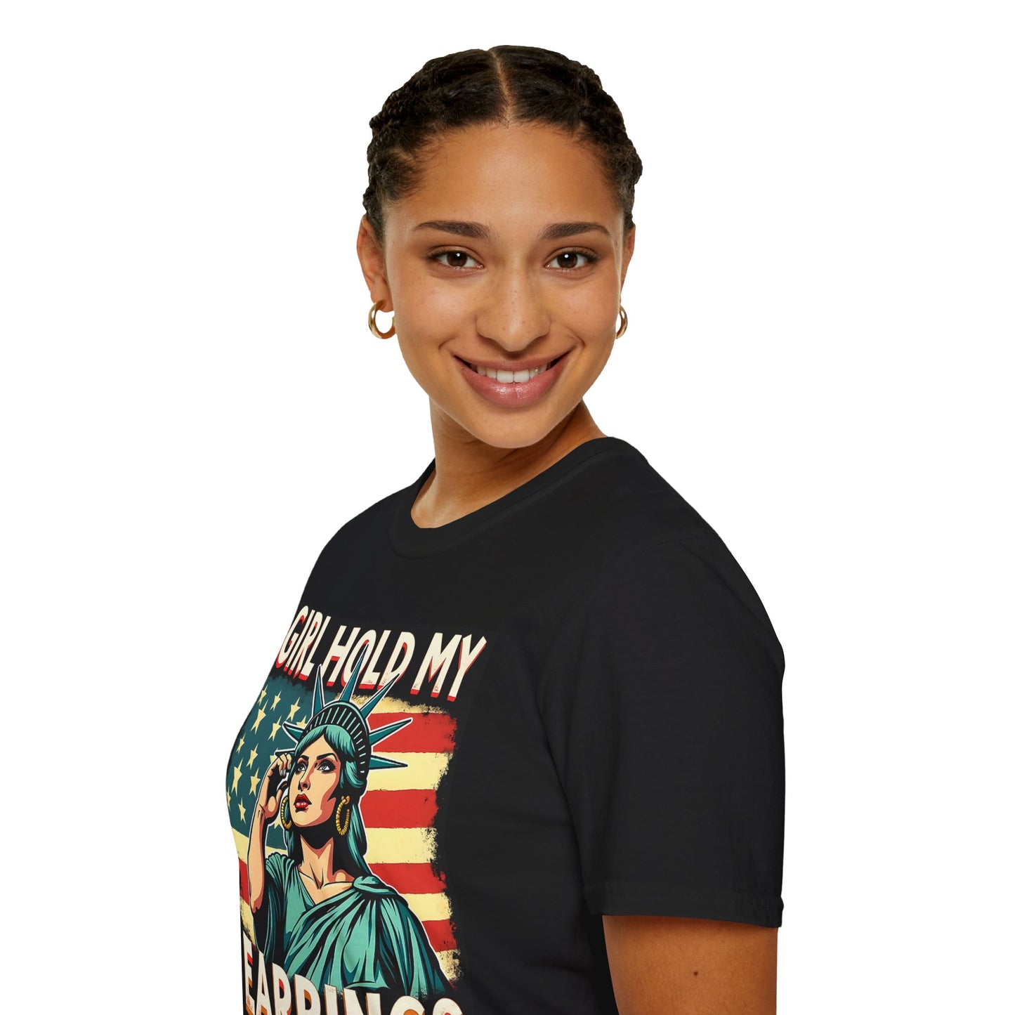 Patriotic Graphic Tee - "Girl Hold My Earrings" Unisex Softstyle T-Shirt, Independence Day, Gifts for Her, Fun Statement Shirt, [...]
