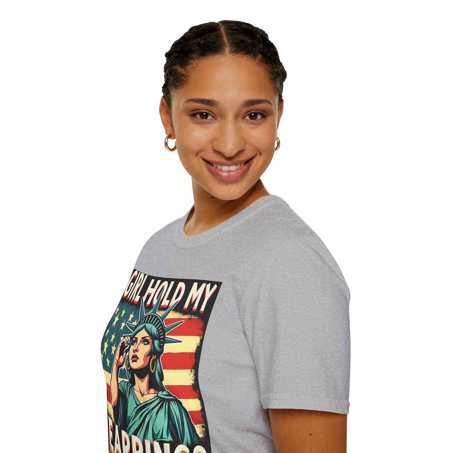 Patriotic Graphic Tee - "Girl Hold My Earrings" Unisex Softstyle T-Shirt, Independence Day, Gifts for Her, Fun Statement Shirt, [...]