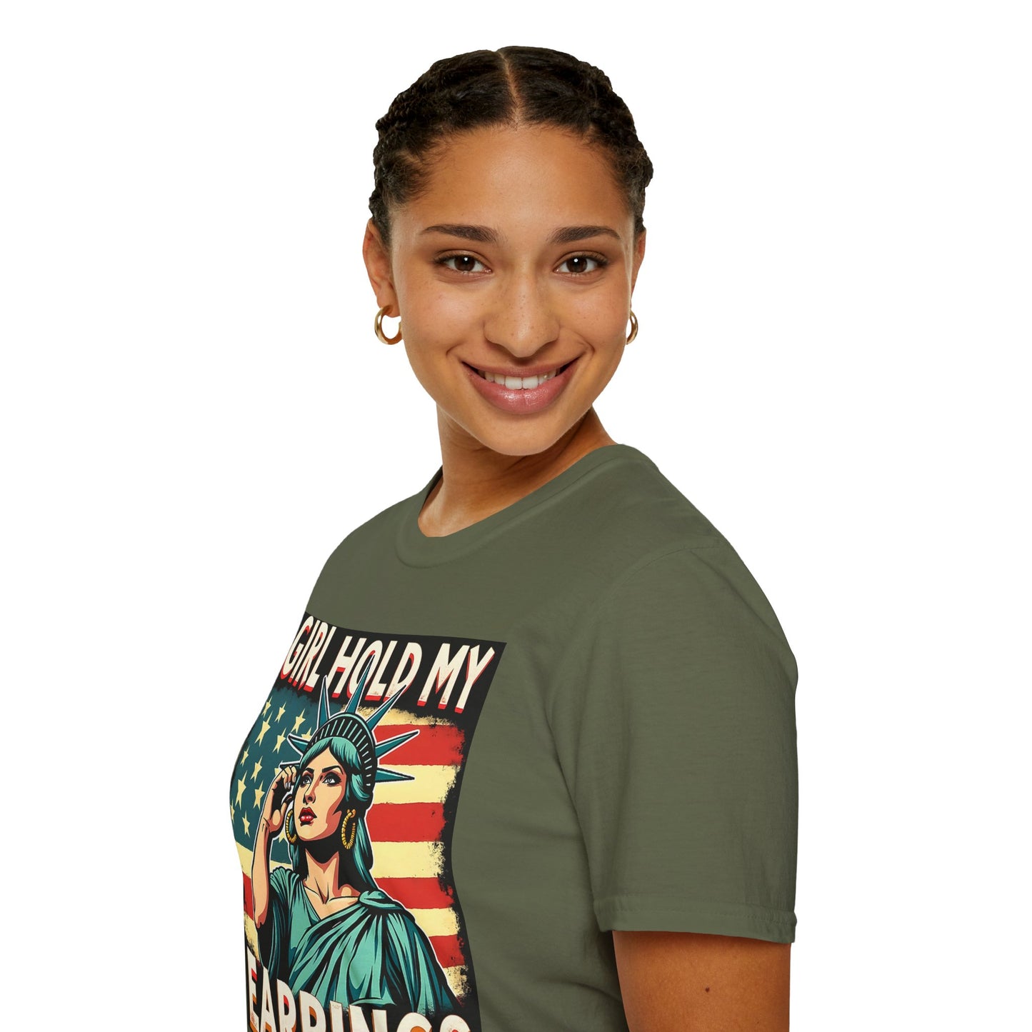 Patriotic Graphic Tee - "Girl Hold My Earrings" Unisex Softstyle T-Shirt, Independence Day, Gifts for Her, Fun Statement Shirt, [...]
