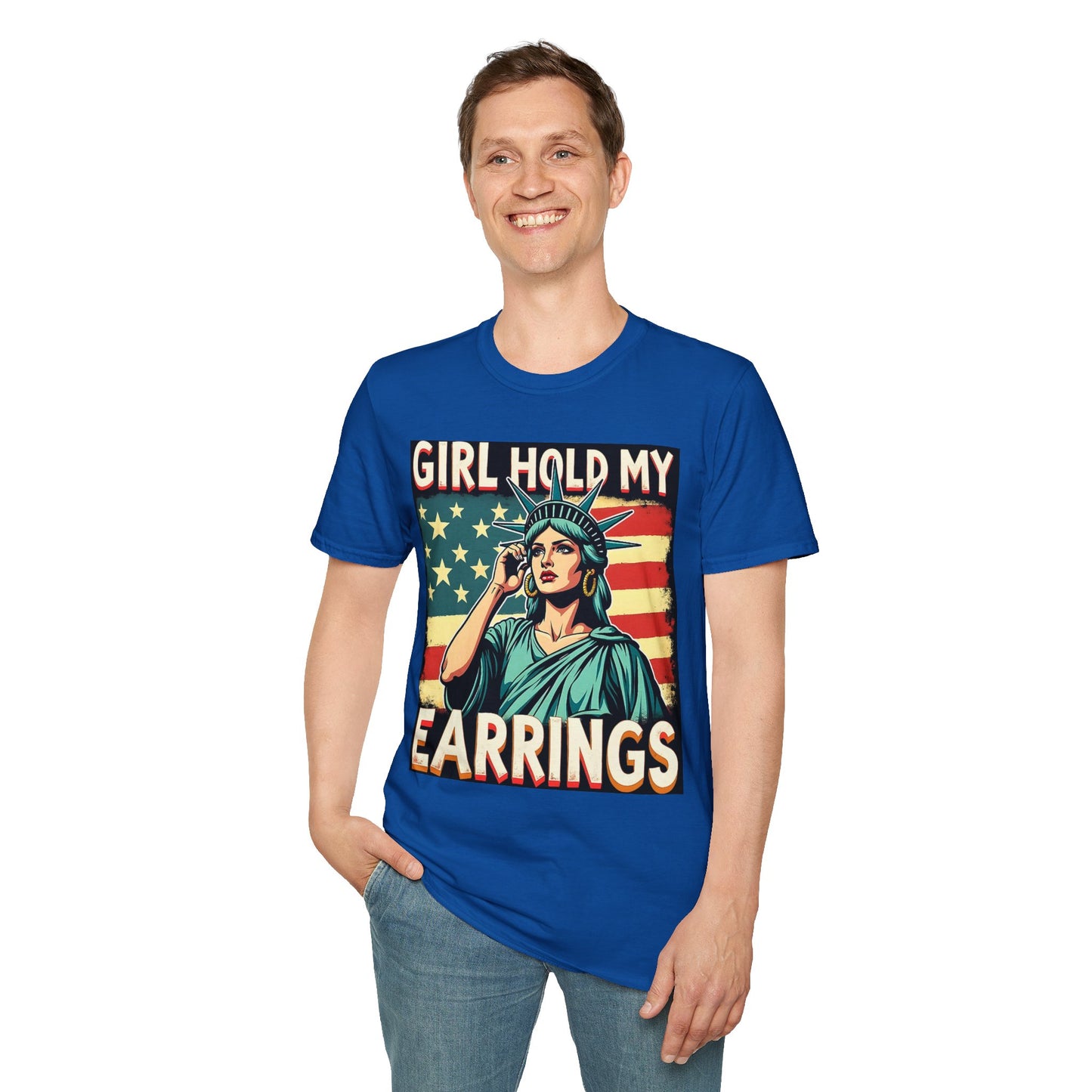 Patriotic Graphic Tee - "Girl Hold My Earrings" Unisex Softstyle T-Shirt, Independence Day, Gifts for Her, Fun Statement Shirt, [...]