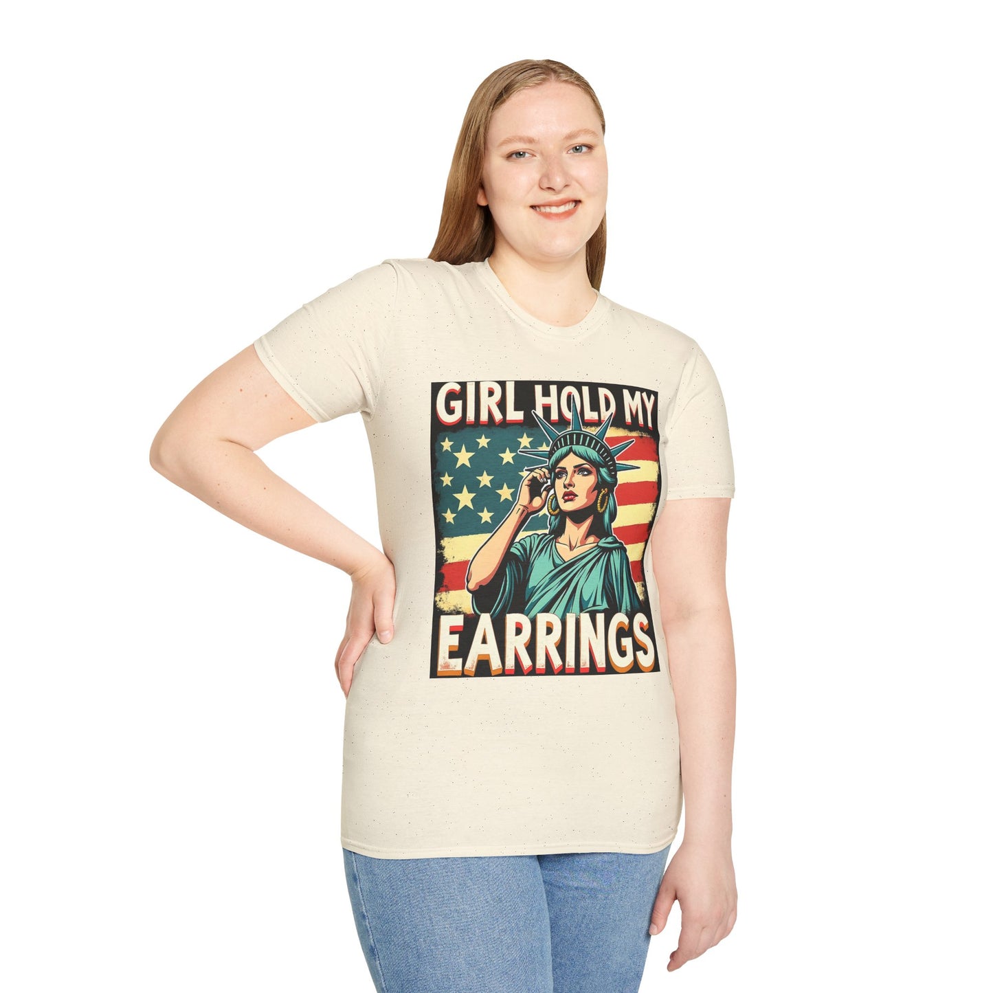 Patriotic Graphic Tee - "Girl Hold My Earrings" Unisex Softstyle T-Shirt, Independence Day, Gifts for Her, Fun Statement Shirt, [...]