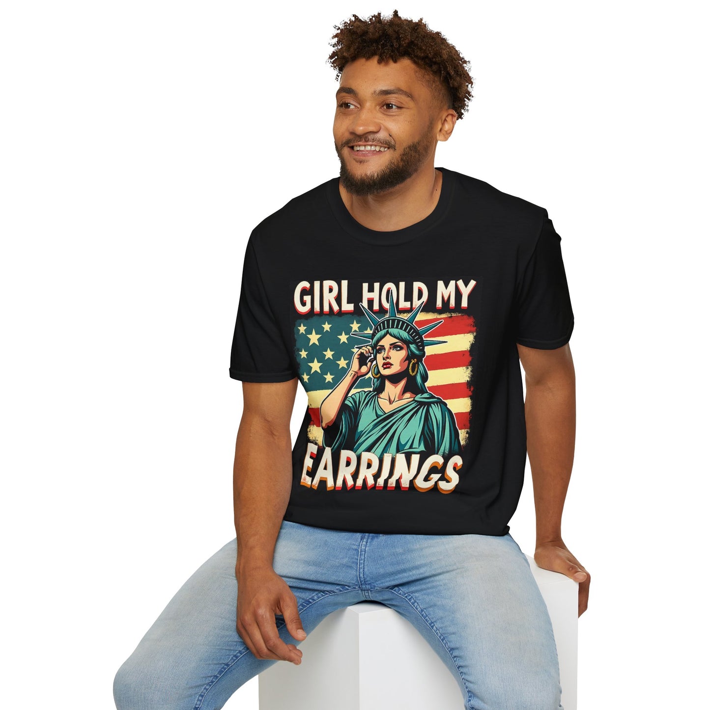 Patriotic Graphic Tee - "Girl Hold My Earrings" Unisex Softstyle T-Shirt, Independence Day, Gifts for Her, Fun Statement Shirt, [...]