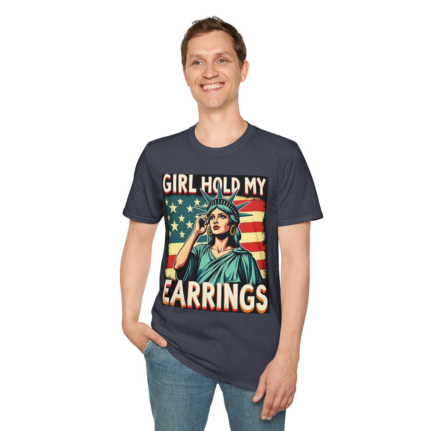 Patriotic Graphic Tee - "Girl Hold My Earrings" Unisex Softstyle T-Shirt, Independence Day, Gifts for Her, Fun Statement Shirt, [...]