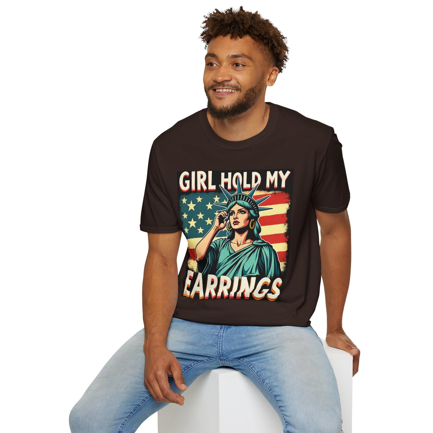 Patriotic Graphic Tee - "Girl Hold My Earrings" Unisex Softstyle T-Shirt, Independence Day, Gifts for Her, Fun Statement Shirt, [...]