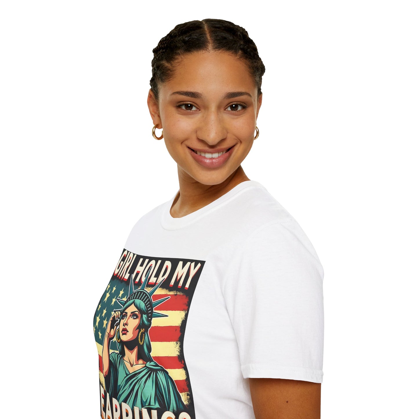 Patriotic Graphic Tee - "Girl Hold My Earrings" Unisex Softstyle T-Shirt, Independence Day, Gifts for Her, Fun Statement Shirt, [...]