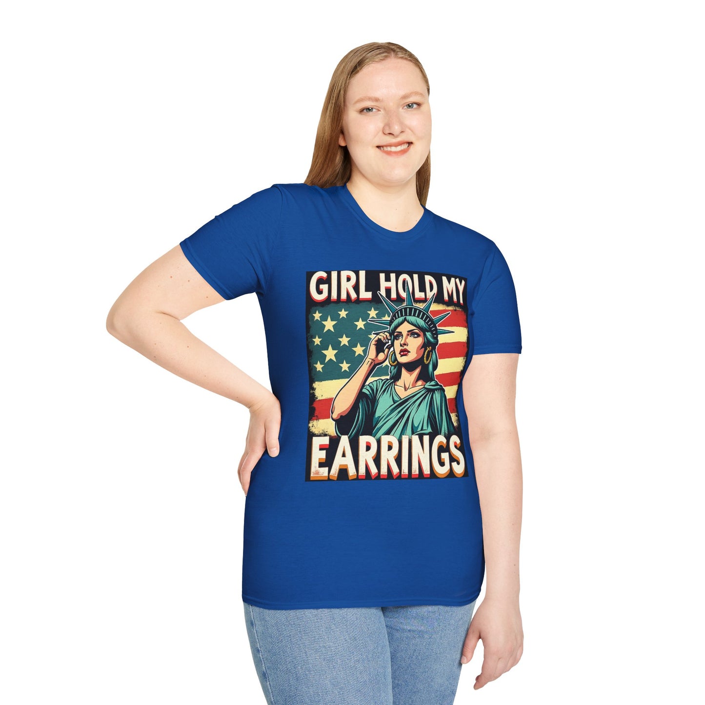 Patriotic Graphic Tee - "Girl Hold My Earrings" Unisex Softstyle T-Shirt, Independence Day, Gifts for Her, Fun Statement Shirt, [...]
