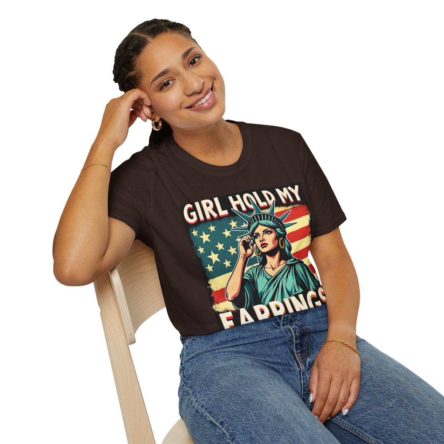 Patriotic Graphic Tee - "Girl Hold My Earrings" Unisex Softstyle T-Shirt, Independence Day, Gifts for Her, Fun Statement Shirt, [...]