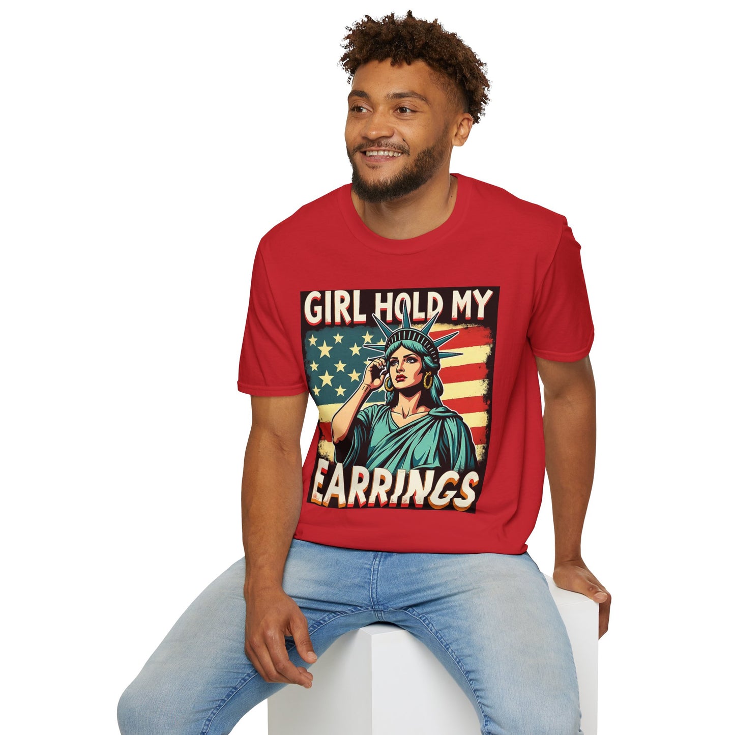 Patriotic Graphic Tee - "Girl Hold My Earrings" Unisex Softstyle T-Shirt, Independence Day, Gifts for Her, Fun Statement Shirt, [...]
